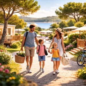 Famille se promenant dans les allées d’un camping ensoleillé