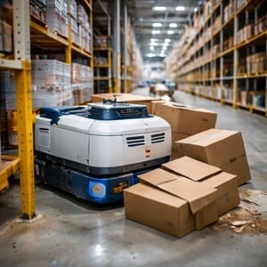 robot industriel arrêté par des cartons