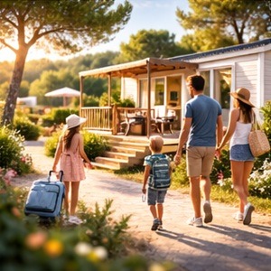 Famille touriste étranger arrivant devant un mobil-home dans un camping en été