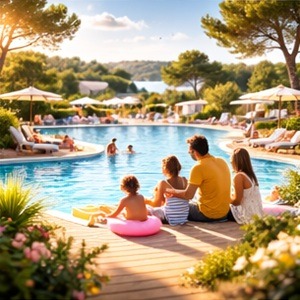 Vacanciers au bord de la piscine dans un camping familial