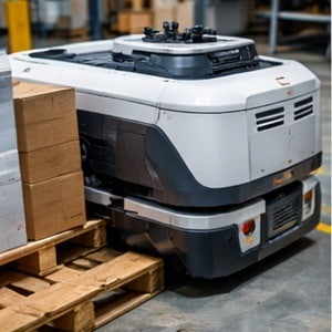 Robot mobile autonome AMR circulant dans un environnement professionnel partagé avec des opérateurs